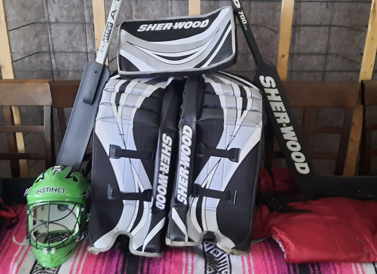 Ball hockey goalie and L and R hockey stick lot. thumbnail