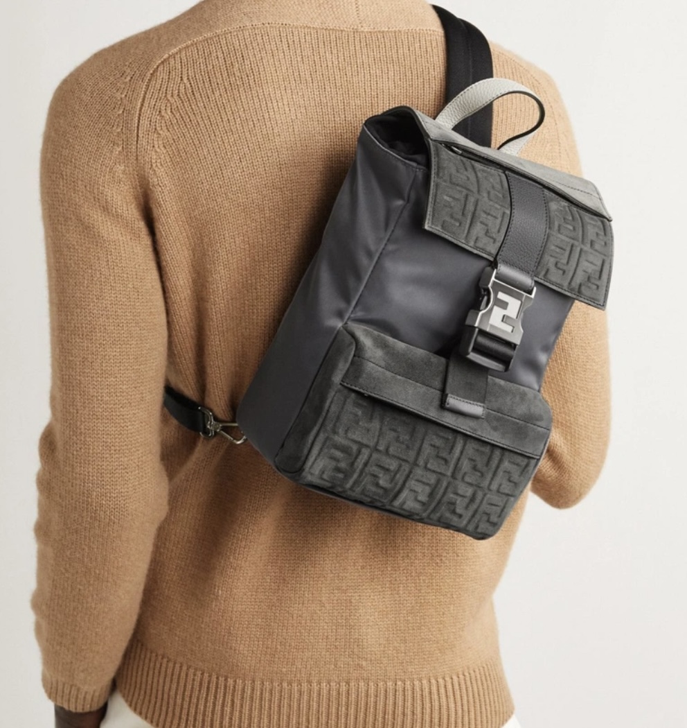 Fendi -Trimmed Logo-Embossed Suede and Shell Sling Backpack - photo 5