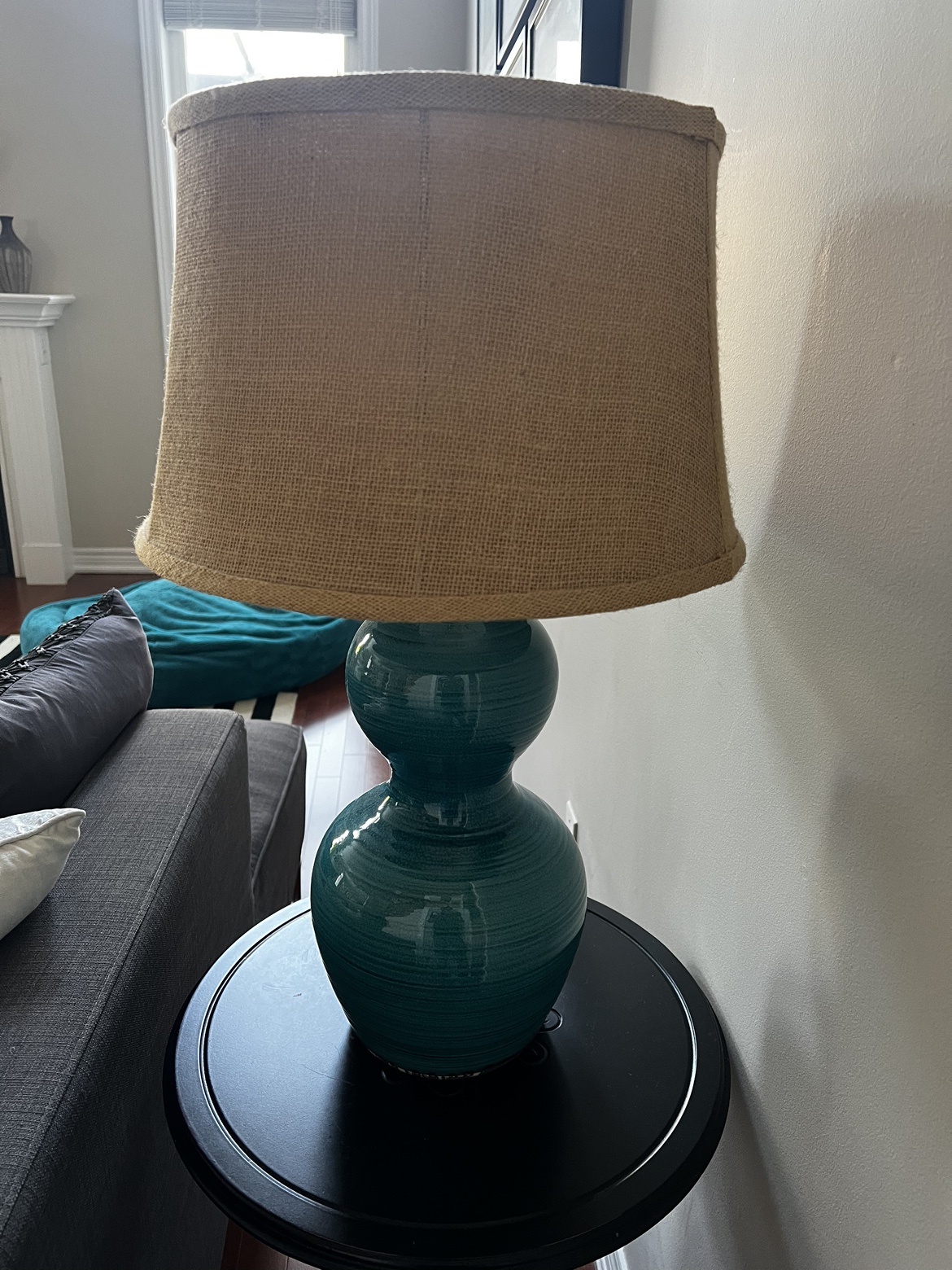 Teal Table Lamp with Burlap Shade