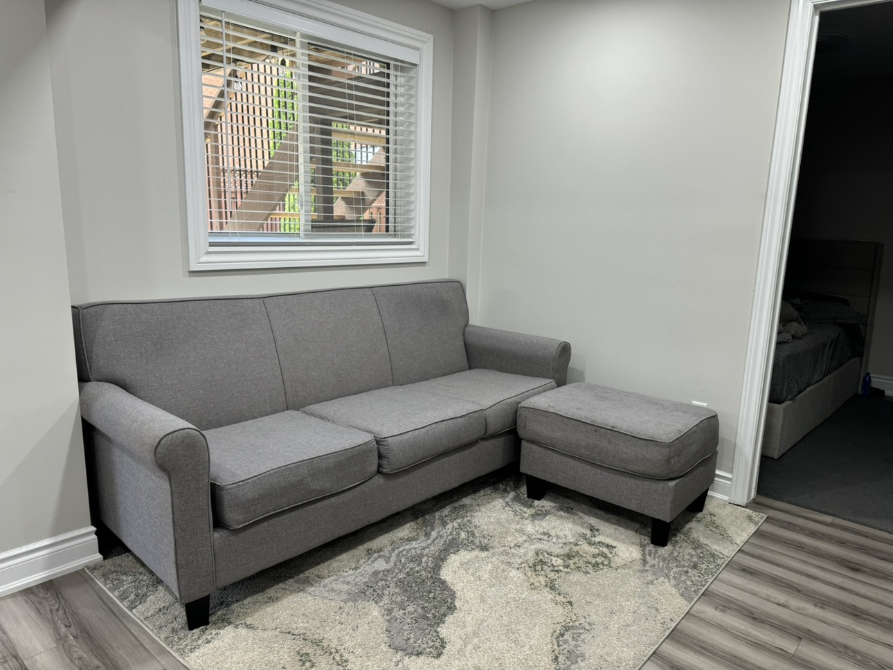 For Sale: 3-Seat Grey Sofa & Ottoman (Includes Free White Cover) - photo 2